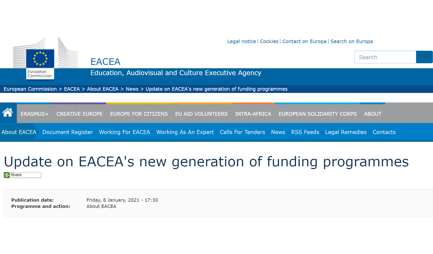 Скріншот із сайту EACEA
