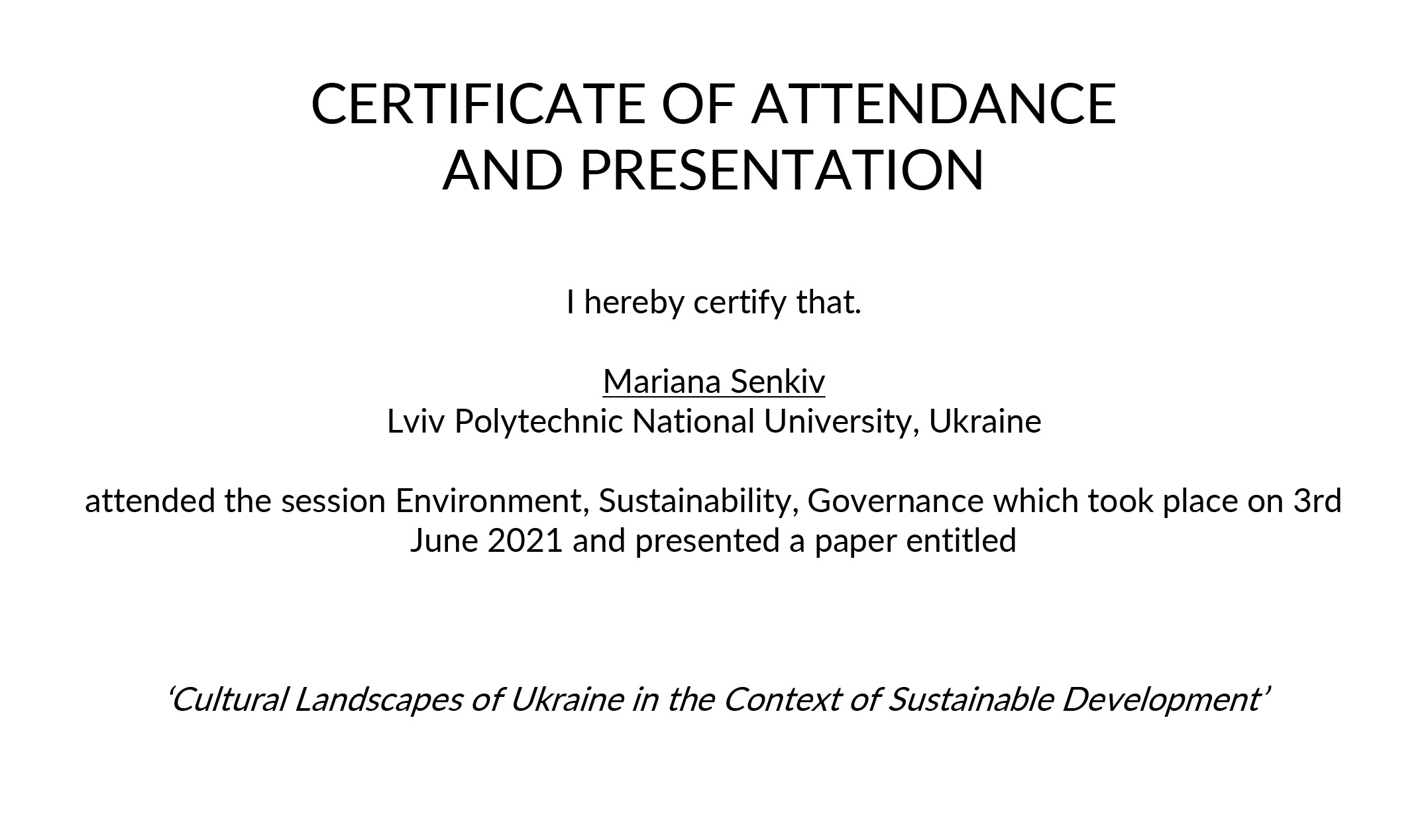 Фрагмент сертифіката Мар’яни Сеньків