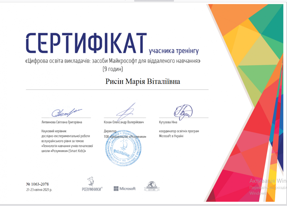 Сертифікат Ірини Канцір
